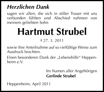 Traueranzeige von Hartmut Strubel von Starkenburger Echo