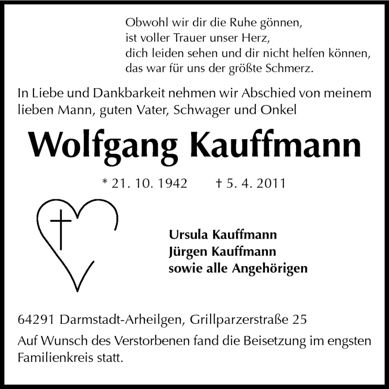  Traueranzeige für Wolfgang Kauffmann vom 15.04.2011 aus Echo-Zeitungen (Gesamtausgabe)