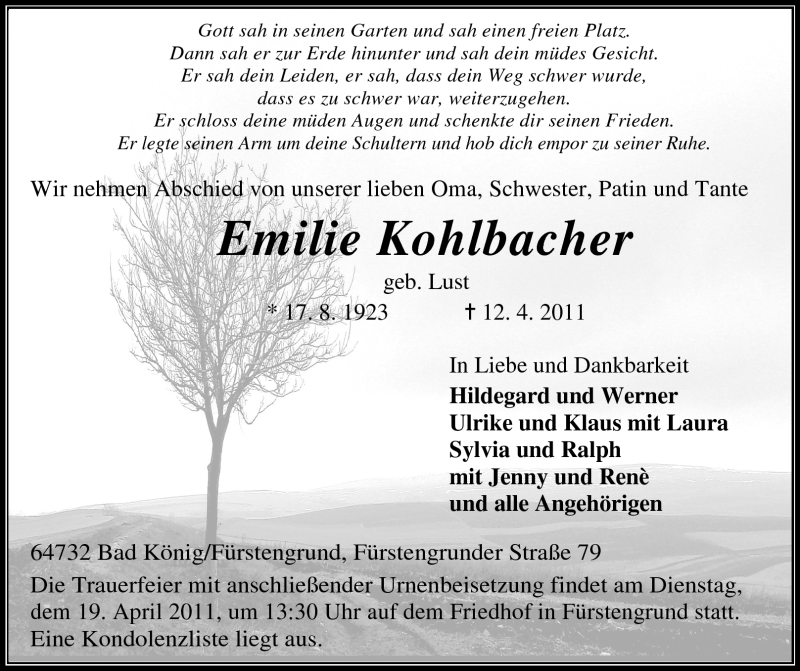  Traueranzeige für Emilie Kohlbacher vom 15.04.2011 aus Odenwälder Echo
