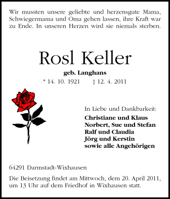 Traueranzeige von Rosl Keller von Darmstädter Echo, Odenwälder Echo, Rüsselsheimer Echo, Groß-Gerauer-Echo, Ried Echo