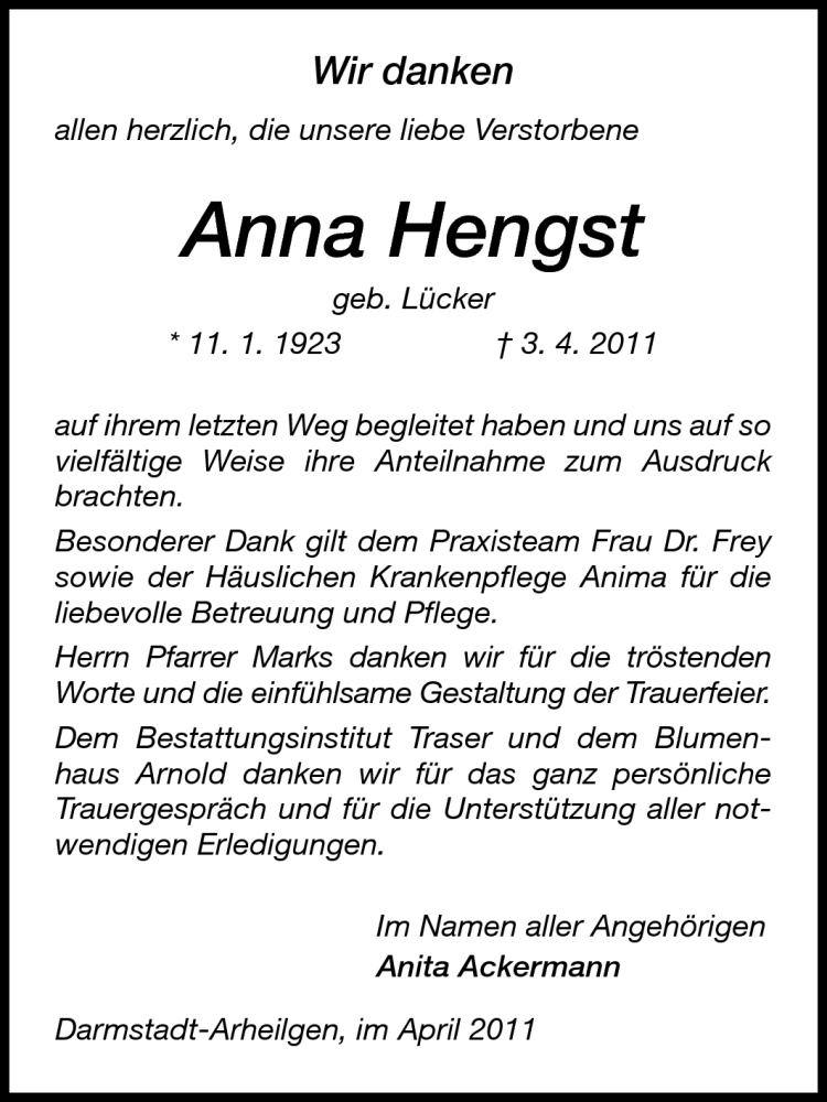  Traueranzeige für Anna Hengst vom 16.04.2011 aus Echo-Zeitungen (Gesamtausgabe)