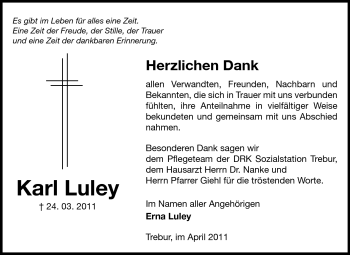 Traueranzeige von Karl Luley von Rüsselsheimer Echo, Groß-Gerauer-Echo, Ried Echo