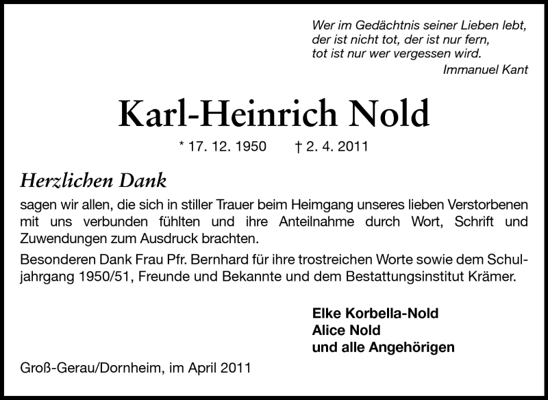  Traueranzeige für Karl-Heinrich Nold vom 16.04.2011 aus Rüsselsheimer Echo, Groß-Gerauer-Echo, Ried Echo
