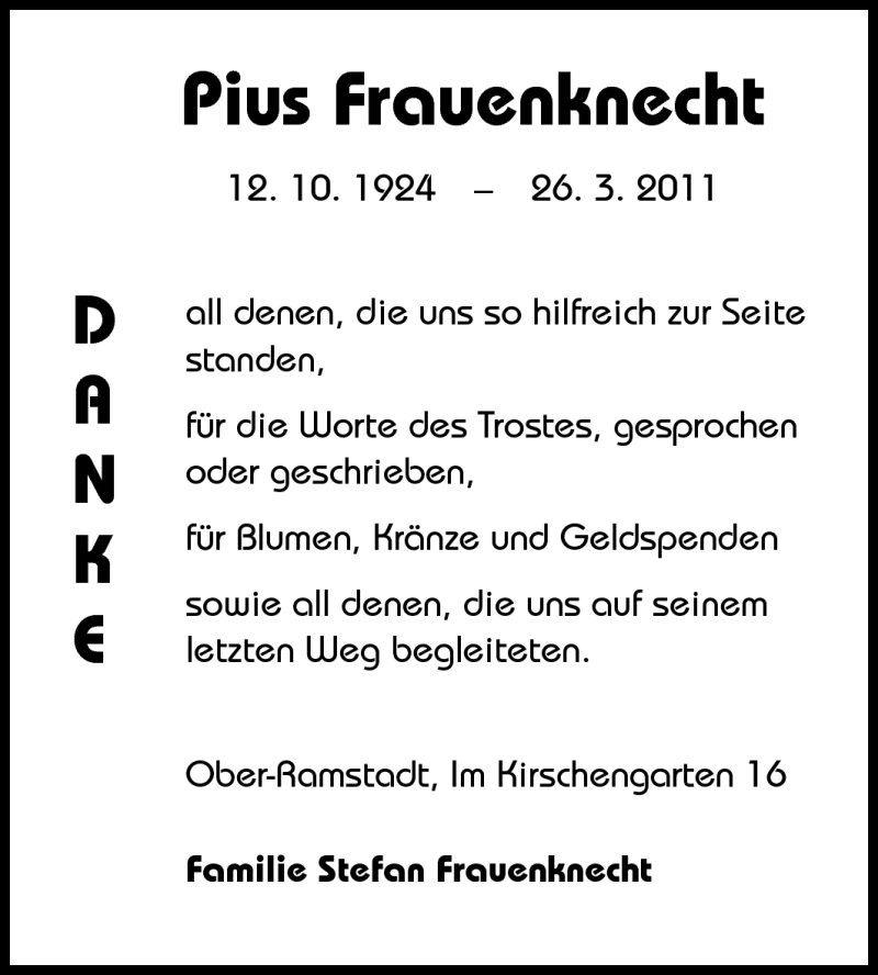  Traueranzeige für Pius Frauenknecht vom 16.04.2011 aus Echo-Zeitungen (Gesamtausgabe)