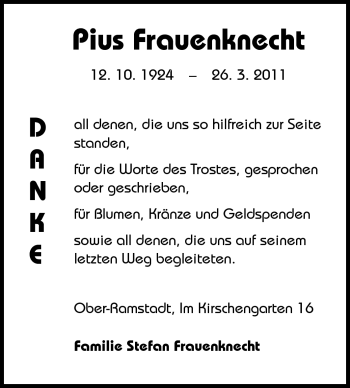 Traueranzeige von Pius Frauenknecht von Echo-Zeitungen (Gesamtausgabe)