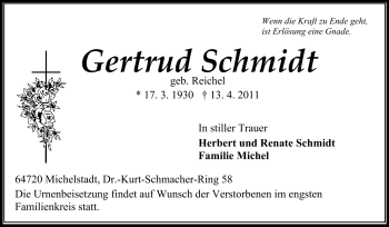 Traueranzeige von Gertrud Schmidt von Odenwälder Echo