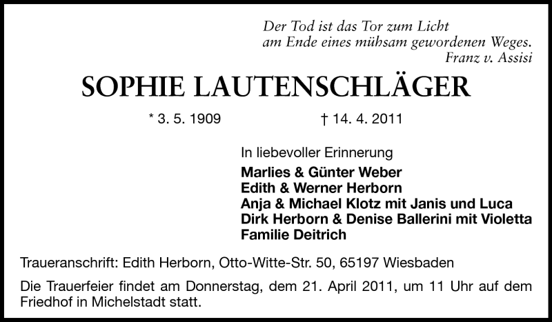  Traueranzeige für Sophie Lautenschläger vom 18.04.2011 aus Odenwälder Echo