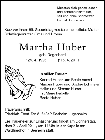 Traueranzeige von Martha Huber von Echo-Zeitungen (Gesamtausgabe)
