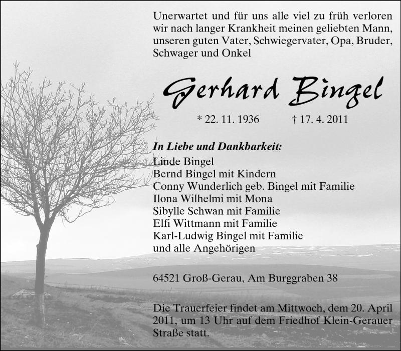  Traueranzeige für Gerhard Bingel vom 18.04.2011 aus Rüsselsheimer Echo, Groß-Gerauer-Echo, Ried Echo