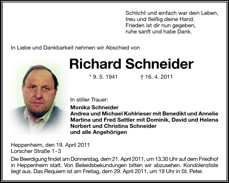  Traueranzeige für Richard Schneider vom 19.04.2011 aus Starkenburger Echo