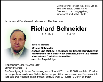 Traueranzeige von Richard Schneider von Starkenburger Echo