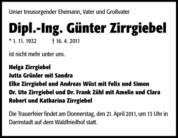 Traueranzeige von Günter Zirrgiebel von Echo-Zeitungen (Gesamtausgabe)