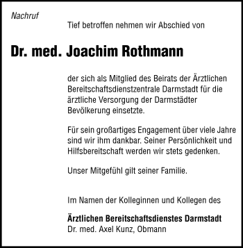 Traueranzeige von Joachim Rothmann von Darmstädter Echo, Odenwälder Echo, Rüsselsheimer Echo, Groß-Gerauer-Echo, Ried Echo