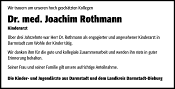 Traueranzeige von Joachim Rothmann von Echo-Zeitungen (Gesamtausgabe)