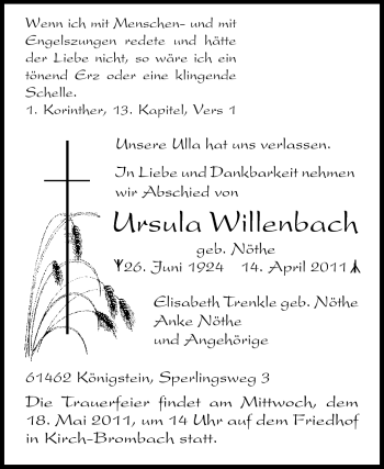 Traueranzeige von Ursula Willenbach von Echo-Zeitungen (Gesamtausgabe)