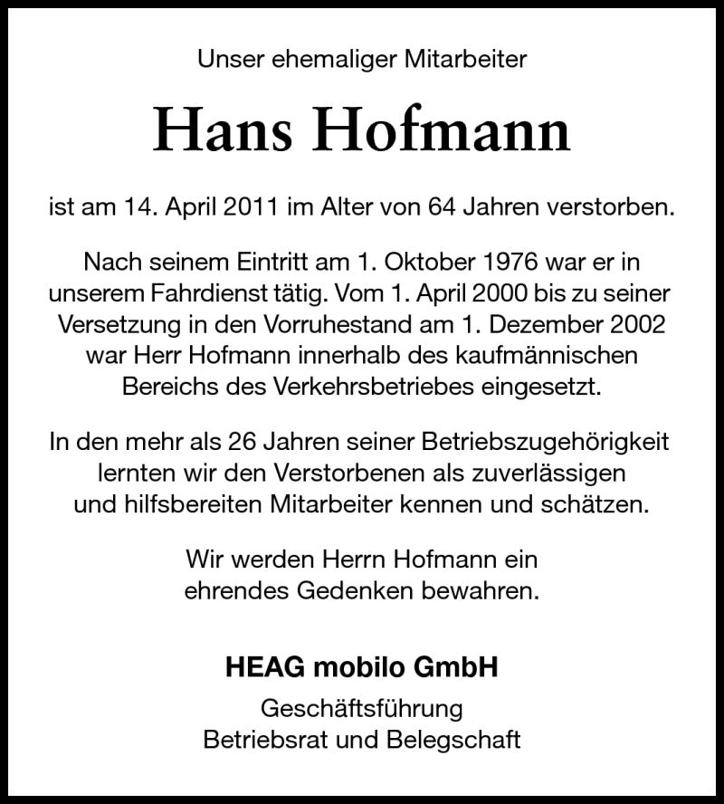  Traueranzeige für Hans Hofmann vom 19.04.2011 aus Echo-Zeitungen (Gesamtausgabe)