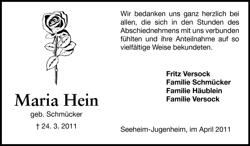  Traueranzeige für Maria Hein vom 20.04.2011 aus Echo-Zeitungen (Gesamtausgabe)