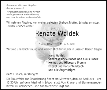 Traueranzeige von Renate Waldek von Odenwälder Echo