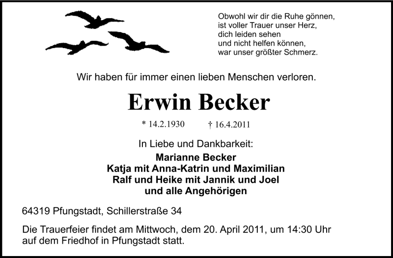  Traueranzeige für Erwin Becker vom 19.04.2011 aus Echo-Zeitungen (Gesamtausgabe)