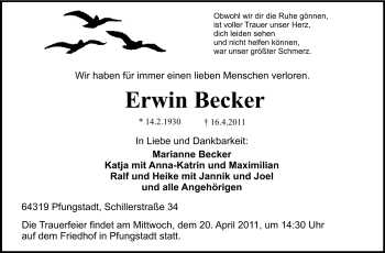 Traueranzeige von Erwin Becker von Echo-Zeitungen (Gesamtausgabe)