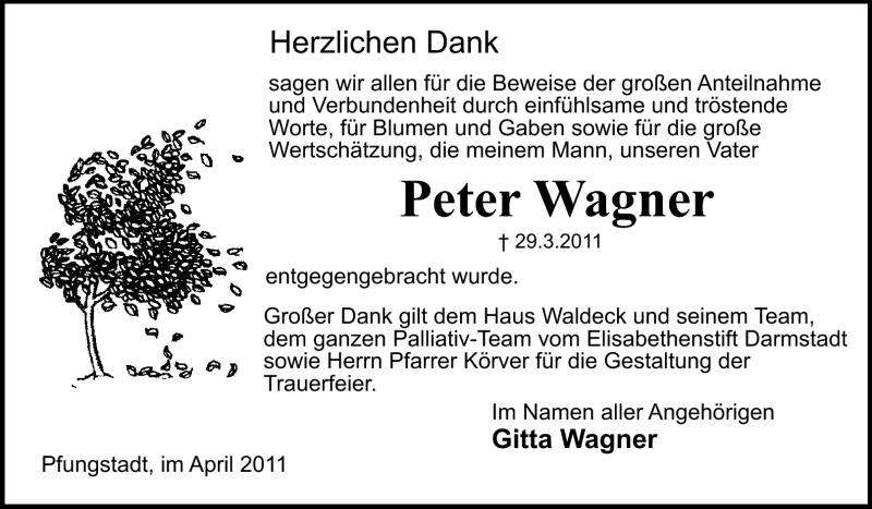  Traueranzeige für Peter Wagner vom 23.04.2011 aus Echo-Zeitungen (Gesamtausgabe)