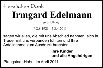 Traueranzeige von Irmgard Edelmann von Echo-Zeitungen (Gesamtausgabe)