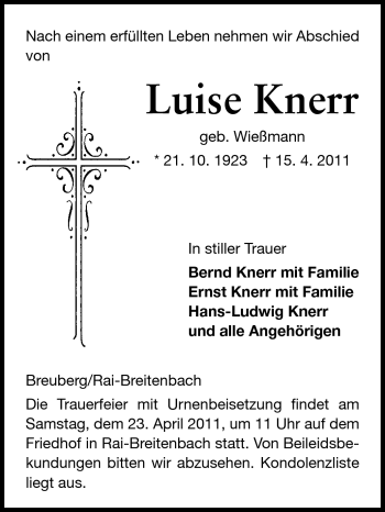 Traueranzeige von Luise Knerr von Odenwälder Echo