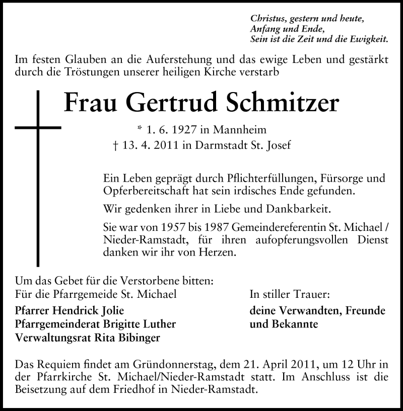 Traueranzeige für Gertrud Schmitzer vom 19.04.2011 aus Echo-Zeitungen (Gesamtausgabe)
