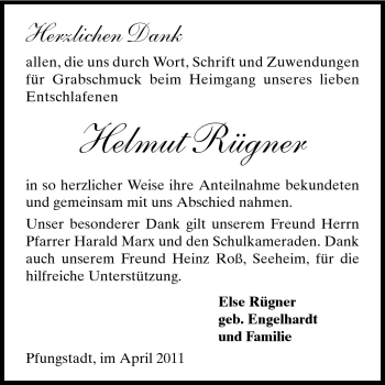 Traueranzeige von Helmut Rügner von Echo-Zeitungen (Gesamtausgabe)