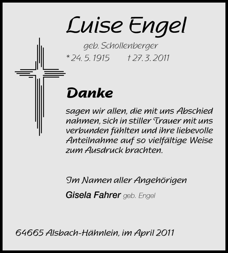 Traueranzeige für Luise Engel vom 23.04.2011 aus Echo-Zeitungen (Gesamtausgabe)