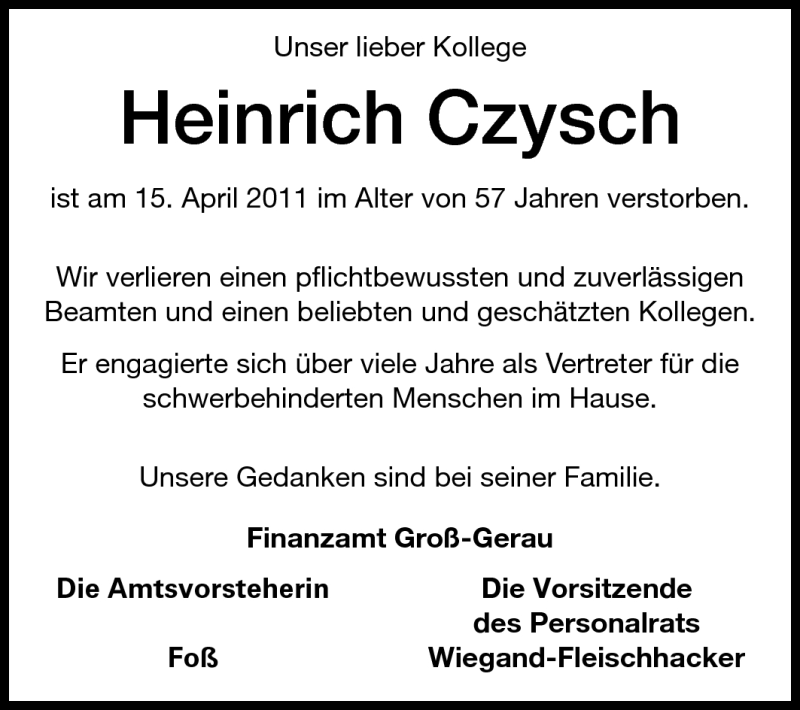  Traueranzeige für Heinrich Czysch vom 20.04.2011 aus Rüsselsheimer Echo, Groß-Gerauer-Echo, Ried Echo