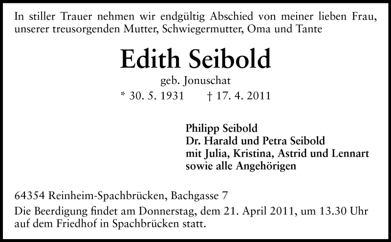  Traueranzeige für Edith Seibold vom 20.04.2011 aus Darmstädter Echo, Odenwälder Echo, Rüsselsheimer Echo, Groß-Gerauer-Echo, Ried Echo