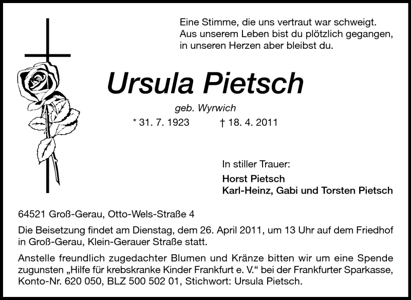  Traueranzeige für Ursula Pietsch vom 21.04.2011 aus Rüsselsheimer Echo, Groß-Gerauer-Echo, Ried Echo