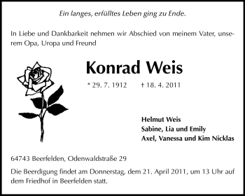Traueranzeige von Konrad Weis von Odenwälder Echo