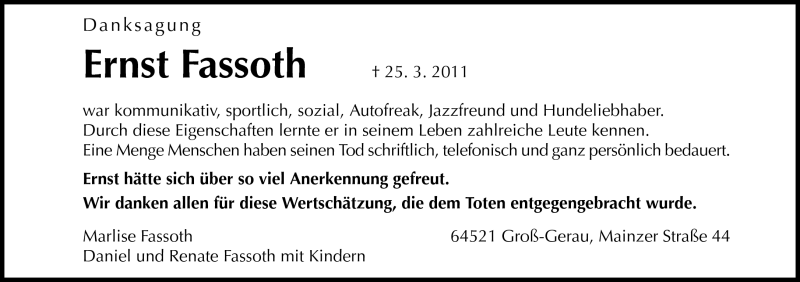  Traueranzeige für Ernst Fassoth vom 20.04.2011 aus Echo-Zeitungen (Gesamtausgabe)