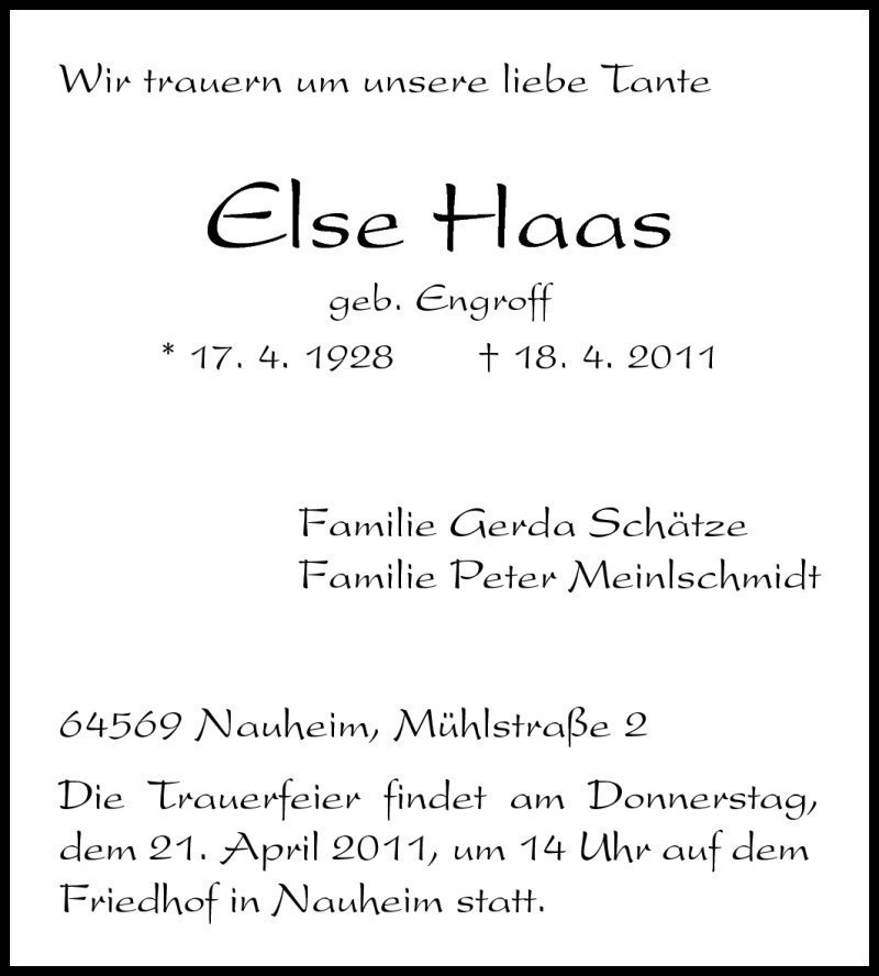  Traueranzeige für Else Haas vom 20.04.2011 aus Rüsselsheimer Echo, Groß-Gerauer-Echo, Ried Echo