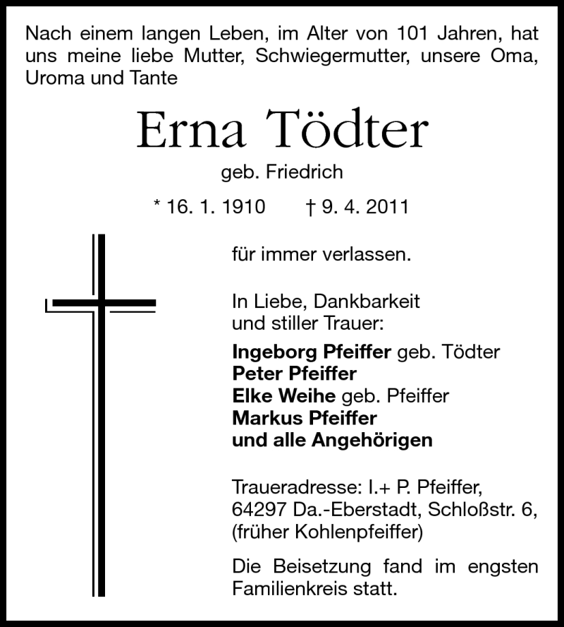  Traueranzeige für Erna Tödter vom 23.04.2011 aus Echo-Zeitungen (Gesamtausgabe)