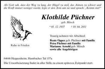 Traueranzeige von Klothilde Püchner von Starkenburger Echo