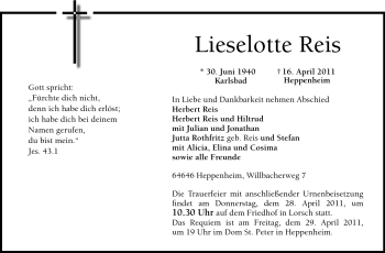 Traueranzeige von Lieselotte Reis von Starkenburger Echo, Bergsträßer Anzeiger
