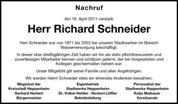 Traueranzeige von Richard Schneider von Starkenburger Echo