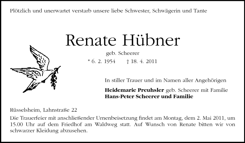  Traueranzeige für Renate Hübner vom 23.04.2011 aus Rüsselsheimer Echo, Groß-Gerauer-Echo, Ried Echo
