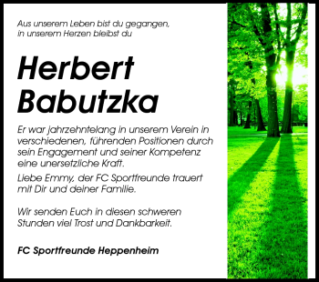 Traueranzeige von Herbert Babutzka von Starkenburger Echo