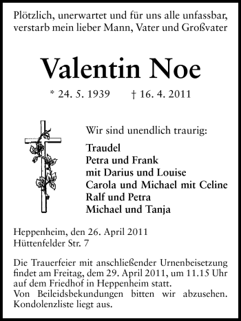 Traueranzeige von Valentin Noe von Starkenburger Echo