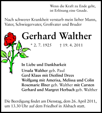 Traueranzeige von Gerhard Walther von Echo-Zeitungen (Gesamtausgabe)