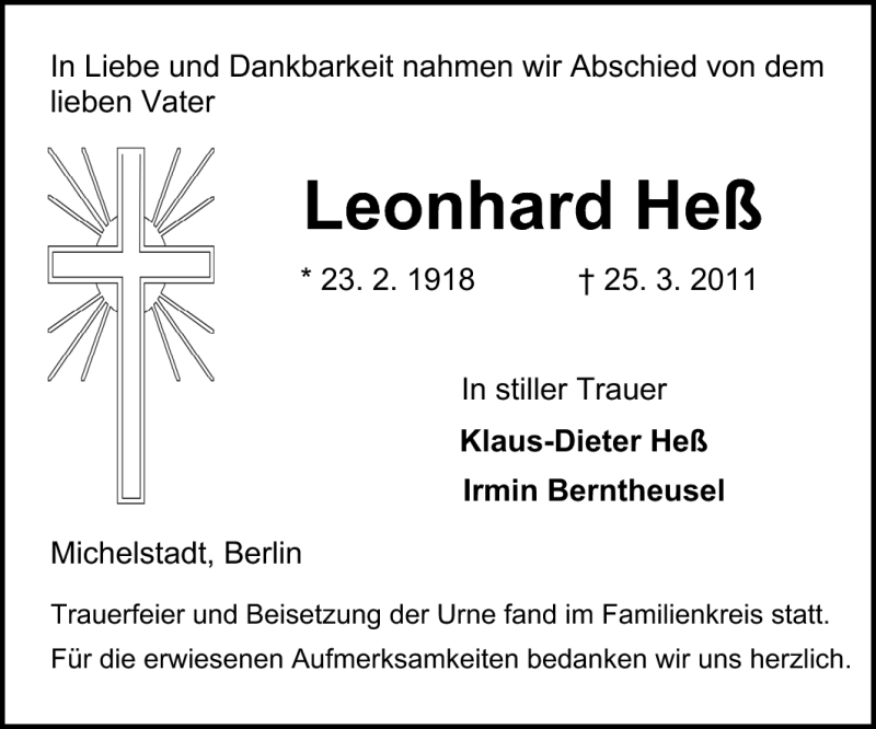  Traueranzeige für Leonhard Heß vom 23.04.2011 aus Odenwälder Echo