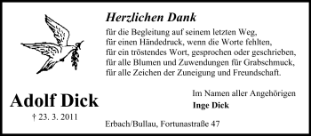 Traueranzeige von Adolf Dick von Odenwälder Echo