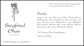 Traueranzeige von Siegfried Olias von Odenwälder Echo