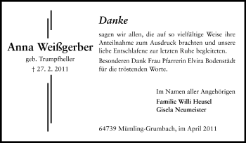 Traueranzeige von Anna Weißgerber von Odenwälder Echo