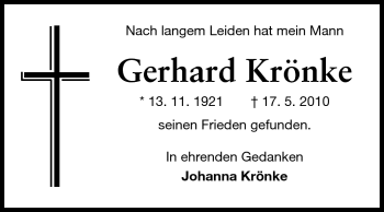 Traueranzeige von Gerhard Krönke von Darmstädter Echo, Odenwälder Echo, Rüsselsheimer Echo, Groß-Gerauer-Echo, Ried Echo