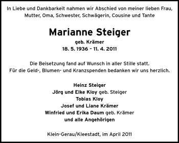 Traueranzeige von Marianne Steiger von Rüsselsheimer Echo, Groß-Gerauer-Echo, Ried Echo
